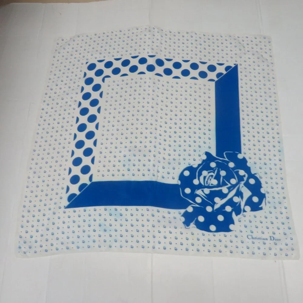 ❤️CHRISTIAN DIOR Blue White Polka Dot Logo Silk Scarf Shawl Wrap Plump Hem